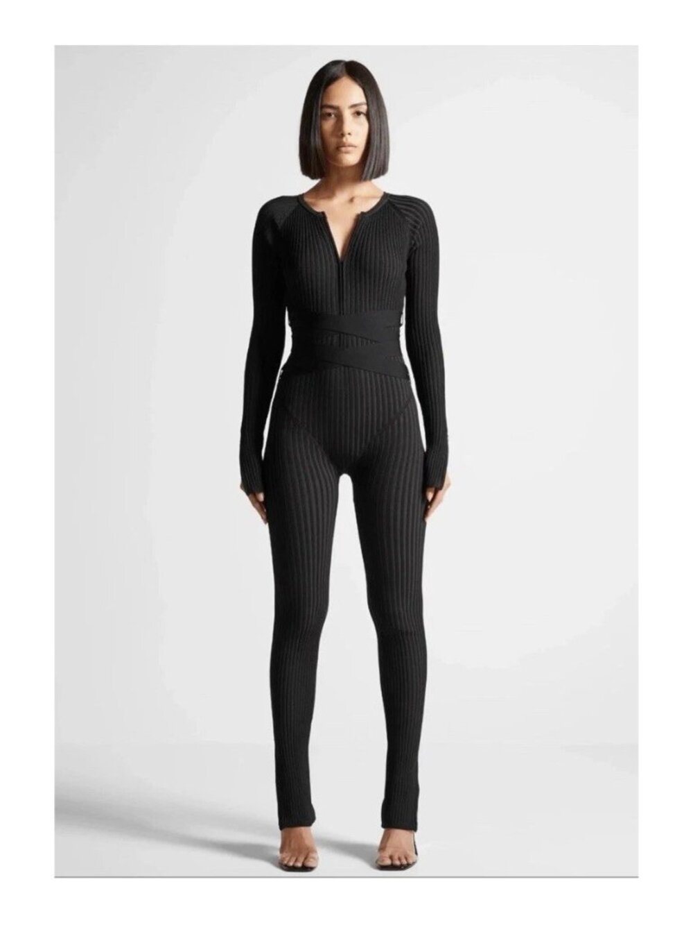 Maniere De Voir Ribbed Knit Belted Jumpsuit in Black Gray Size M